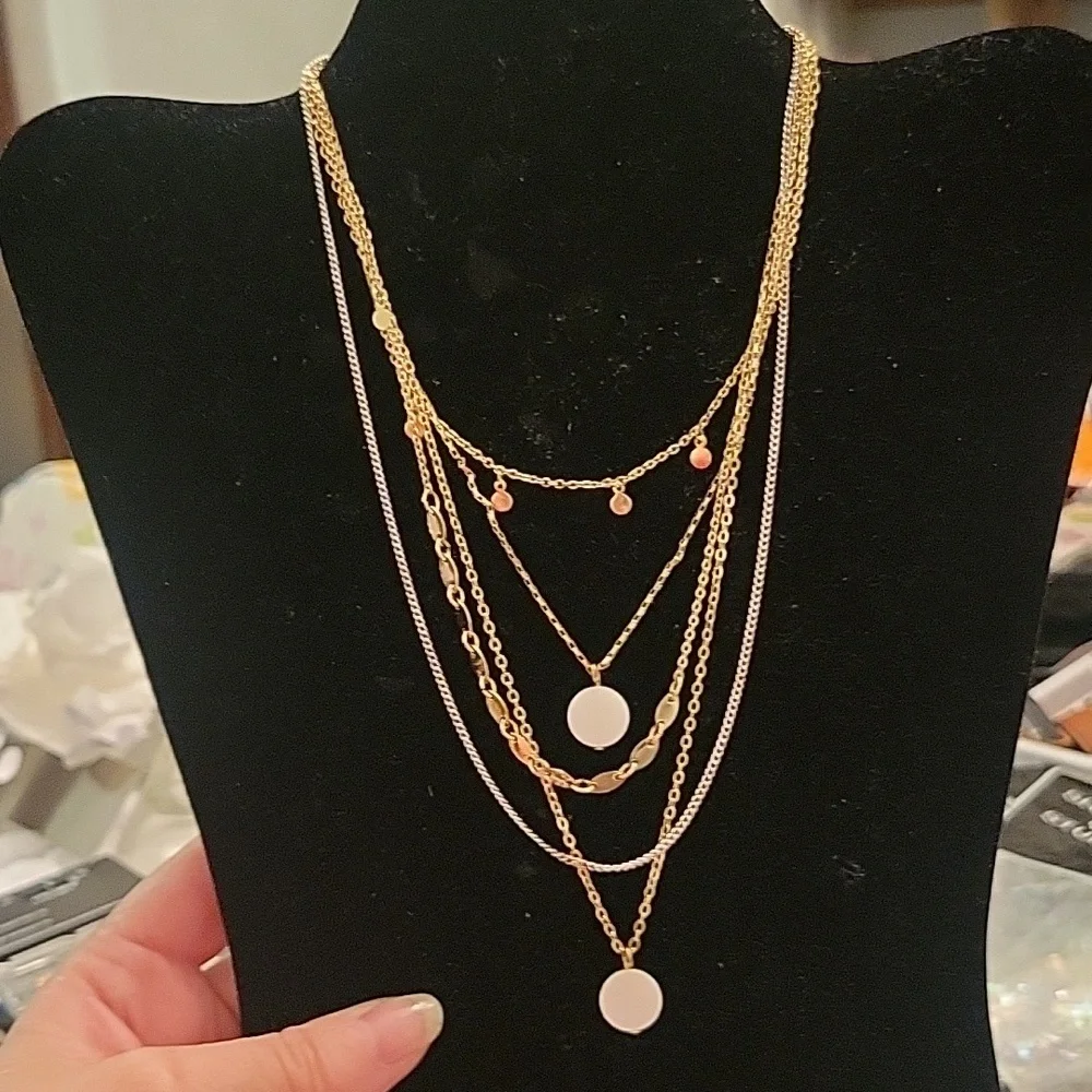Gold Tone White Pearlized Round Shell Multi Chain Layered Necklace - Picture 1 of 4